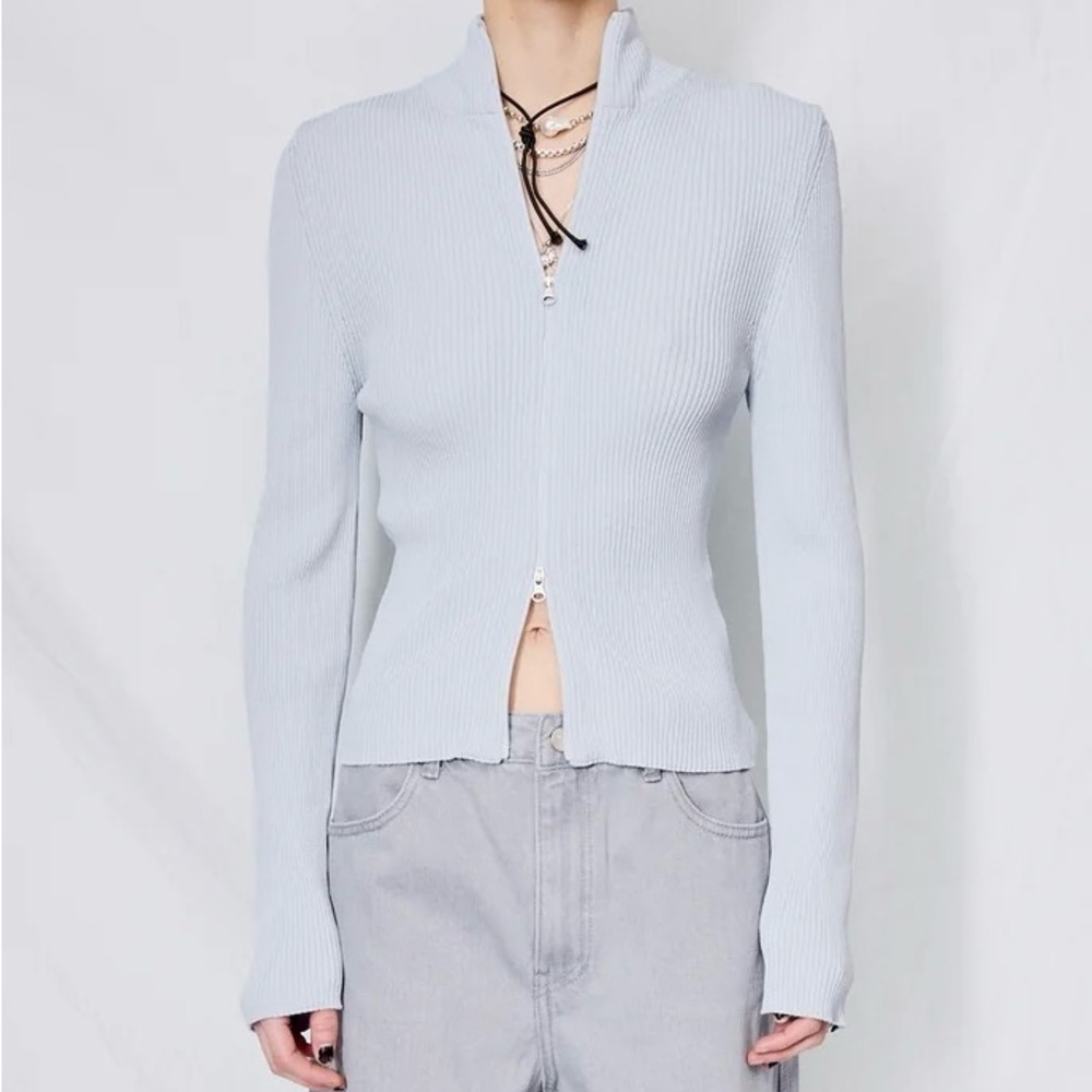 Amomento Light Blue Ribbed Mockneck Cardigan